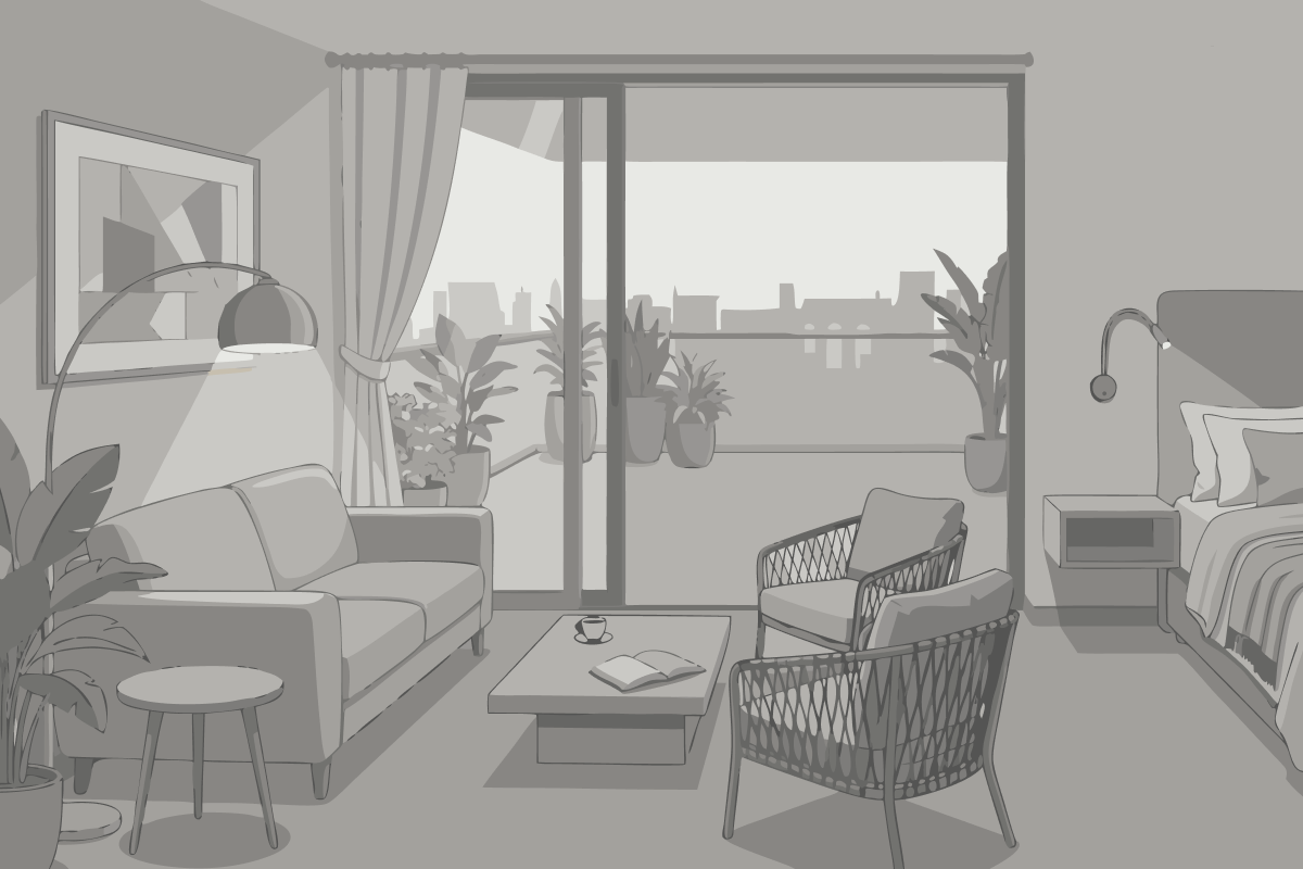 Standard Eckzimmer mit Kingsize-Bett, Balkon und Blick auf den Sonnenuntergang und Garten
